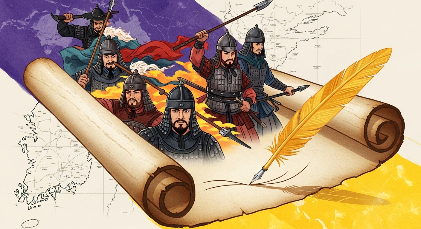 오래된 두루마리 위에 생생하게 펼쳐지는 신라 시대 전투 장면과 궁궐 모습. 역사적 고증과 작가의 상상력이 조화롭게 어우려져 소설의 깊이를 보여줍니다.