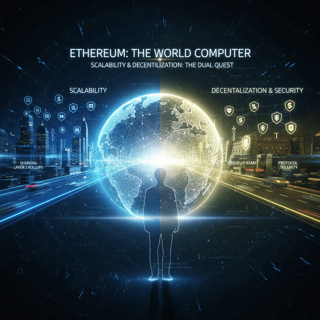 이더리움(Ethereum)의 세계 컴퓨터 비전과 확장성, 분산화 및 보안이라는 이중 과제를 시각화한 그림. 빛나는 지구와 사람 실루엣을 중심으로 좌측에 도시, 우측에 요새가 표현됨