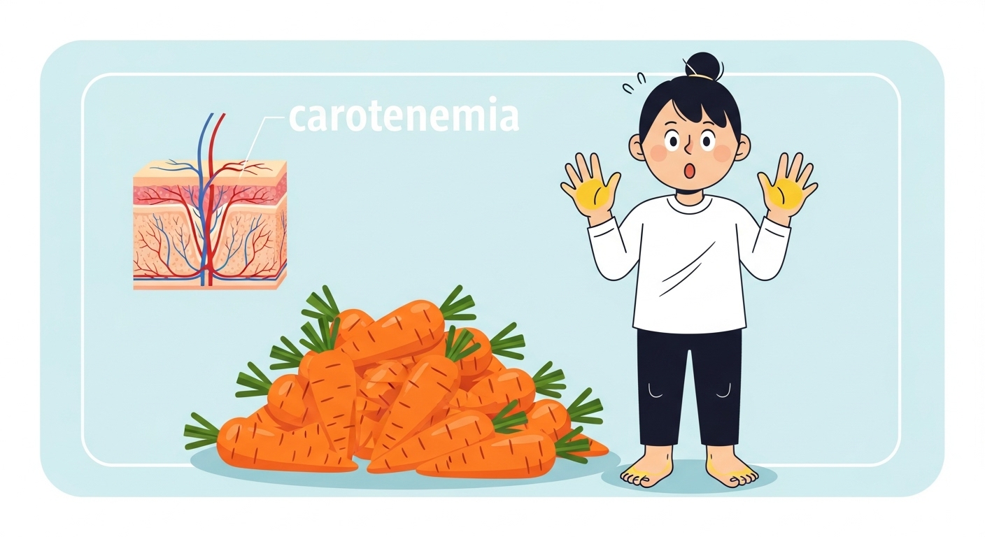 당근 과다 섭취로 인해 피부가 노랗게 변하는 카로틴혈증 현상을 설명하는 귀여운 일러스트.