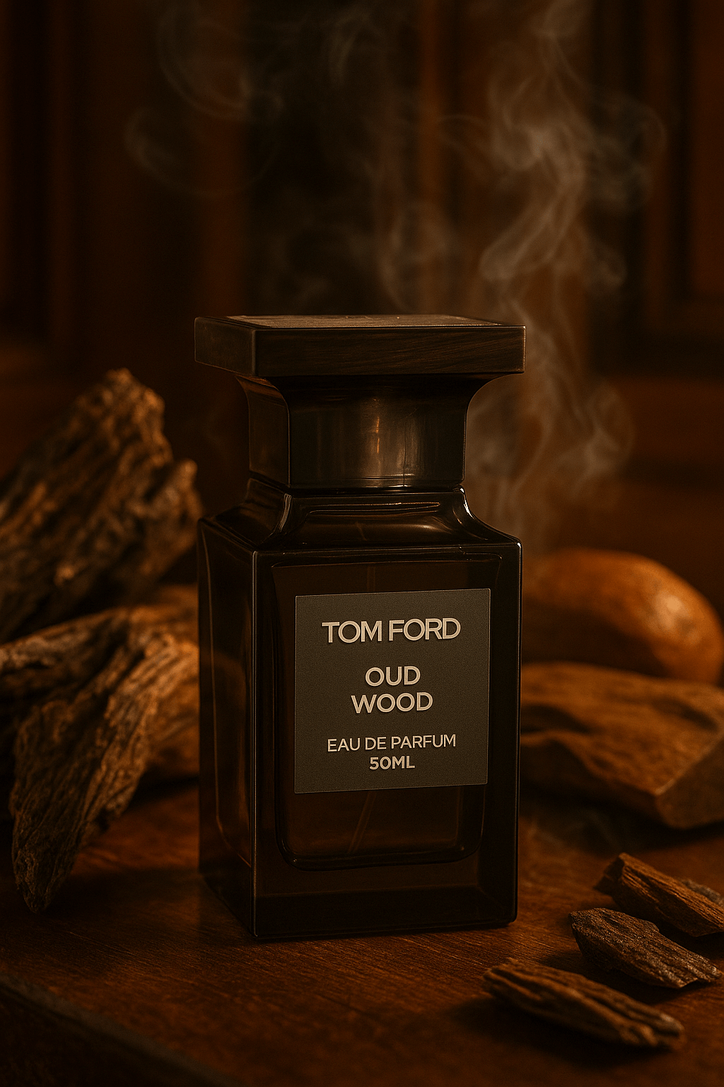 톰 포드 오드 우드 50ml 향수 병이 짙은 우디 톤의 배경 위에 놓여 있으며, 따뜻한 증기가 병 주변을 감싸며 고급스러운 분위기를 자아내고 있다