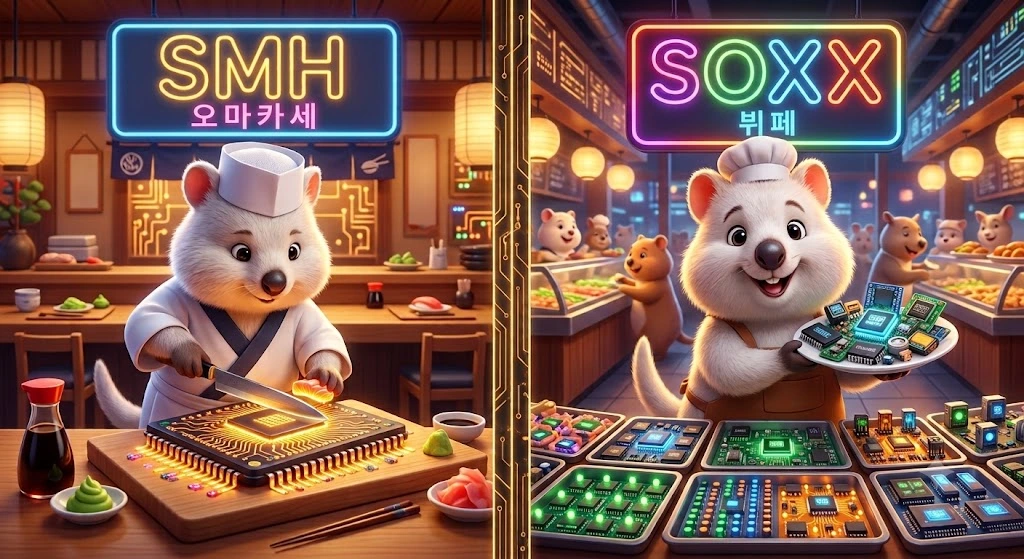 화면 왼쪽에는 초밥 장인 복장을 하고 거대한 반도체 칩을 써는 쿼카(SMH 오마카세), 오른쪽에는 다양한 반도체 요리가 쫙 깔린 뷔페에서 접시를 들고 행복해하는 쿼카(SOXX 뷔페)의 모습을 대비하여 집중 투자와 분산 투자의 차이를 설명함.