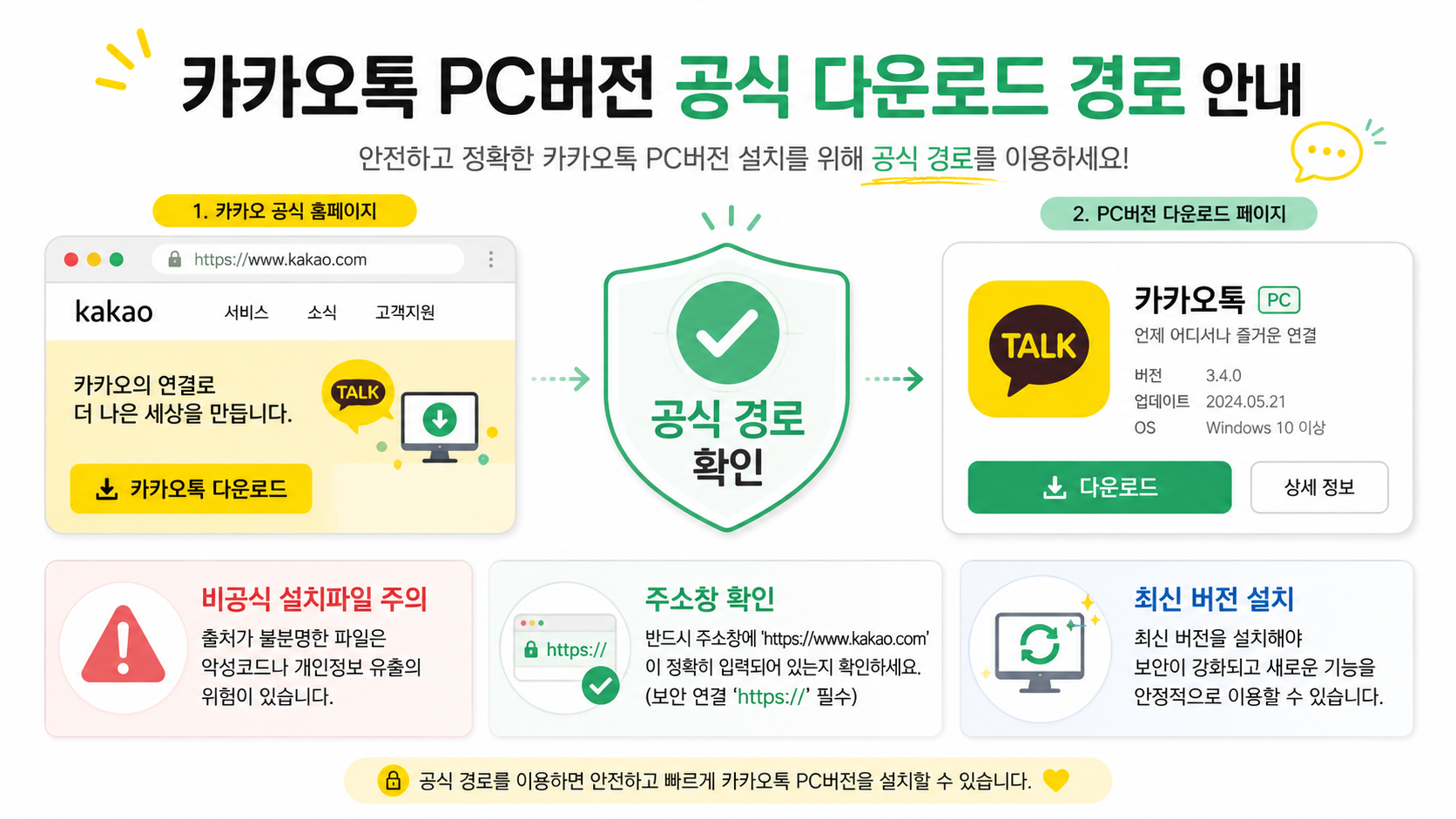 카카오 기업 사이트 주소를 확인하고, Windows라면 Microsoft Store도 함께 봐요.