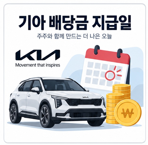 기아 자동차와 달력 배당금 아이콘 위에 기아 배당금 지급일 문구가 표시된 대표 이미지