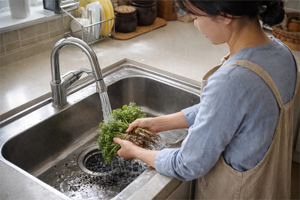 흐르는 물에서 냉이의 흙을 여러 번 씻어내는 장면 