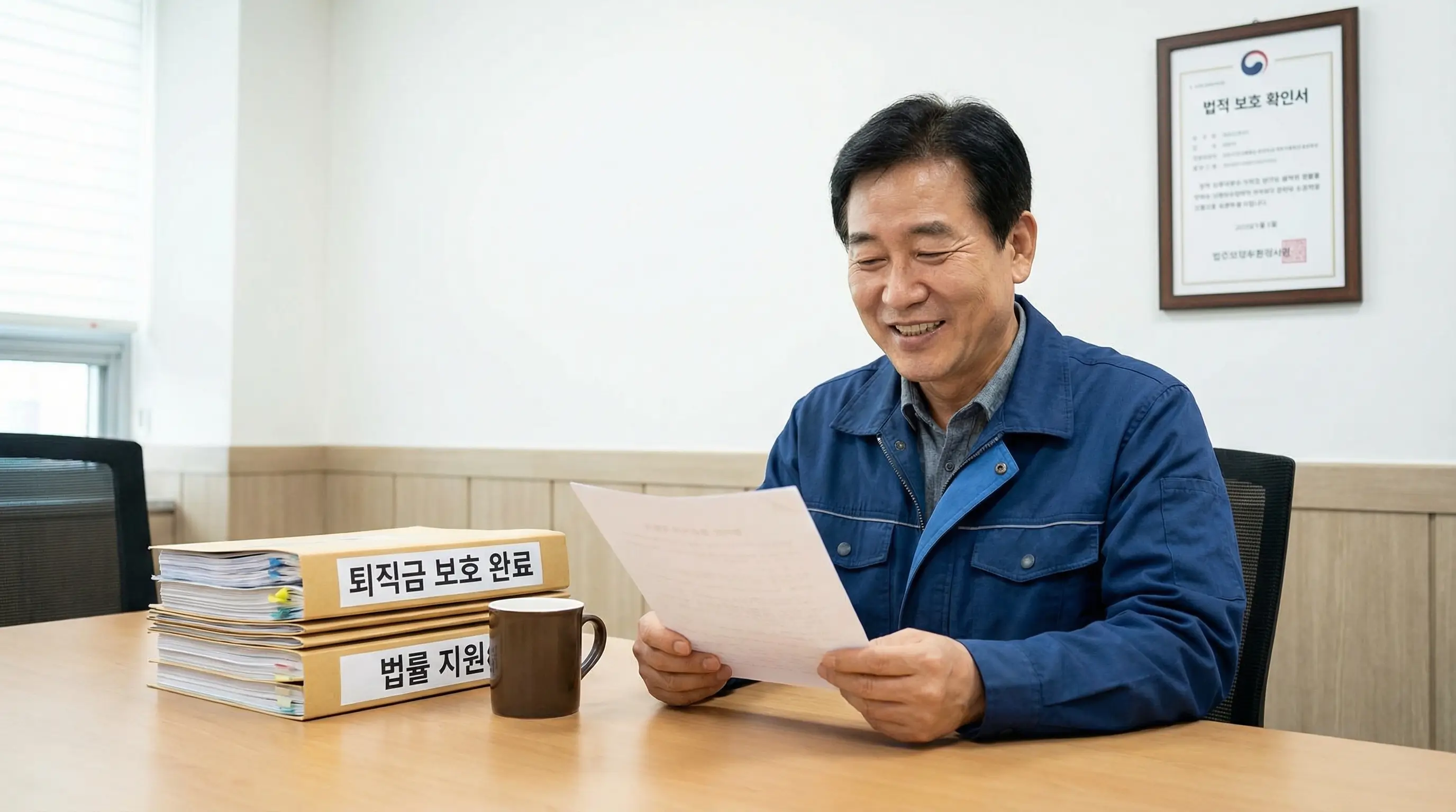 법적 보호를 받아 퇴직금의 절반을 안전하게 지키고 안도하는 근로자의 모습
