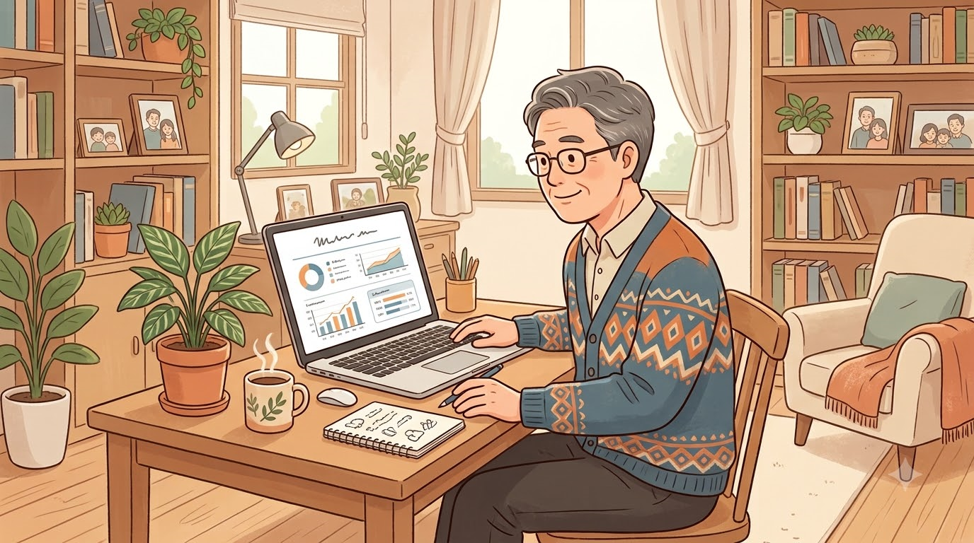 국민연금공단 홈페이지에서 예상연금액을 조회하는 50대 직장인의 모습을 담은 따뜻한 일러스트