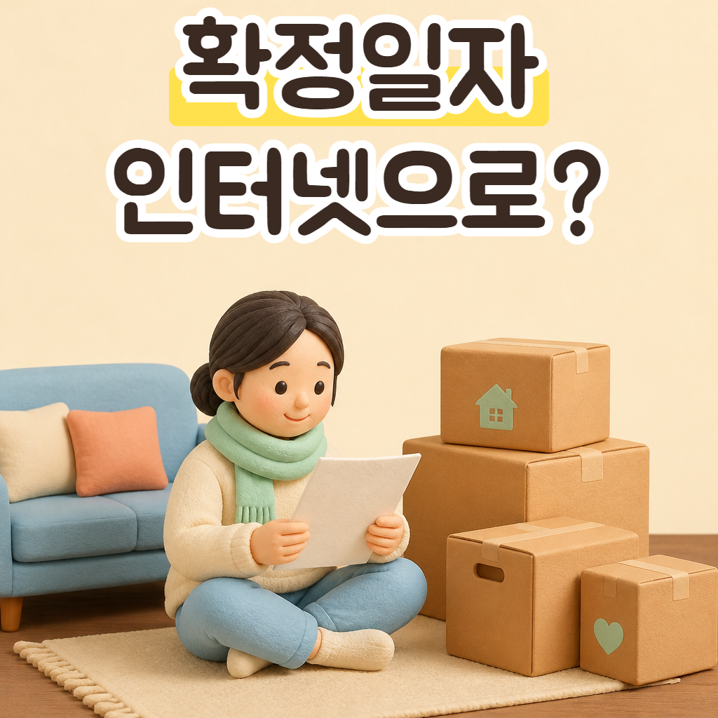 새 집 거실에서 이삿짐 상자 옆에 앉아 계약서를 보는 성글이