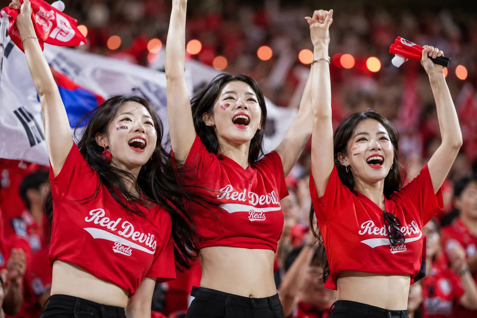 한국인 20대 초반 여성 3명이 대한민국 축구 국가대표팀 공식 서포터즈 '붉은악마'를 상징하는 붉은색 유니폼을 입고 대한민국과 멕시코의 조별리그 경기를 응원하고 있다. 생성형 AI 기술 인프라 응용 가이드, 챗 GPT 무료 사용