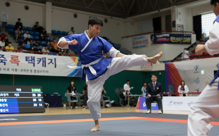 박진영 선수가 택견 경기를 하고 있는 모습