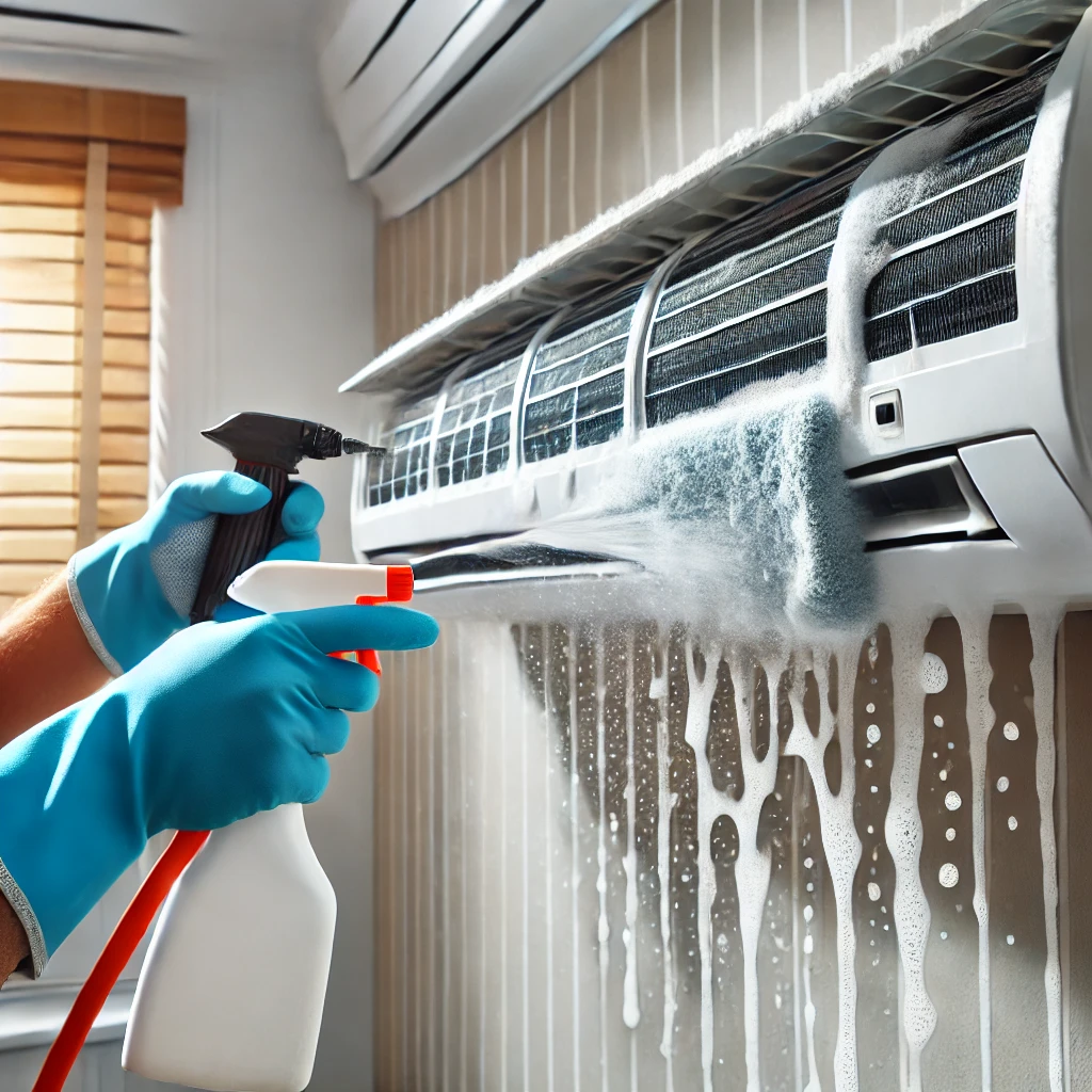 천장에 설치된 벽결이형 에어컨을 고압 스프레이로 세척하는 모습