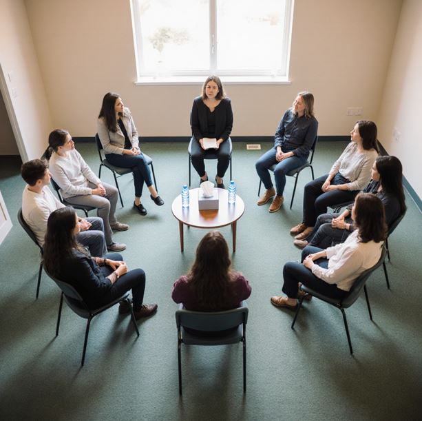 원형으로 배치된 의자에 10명의 다양한 사람들이 앉아 있는 모습