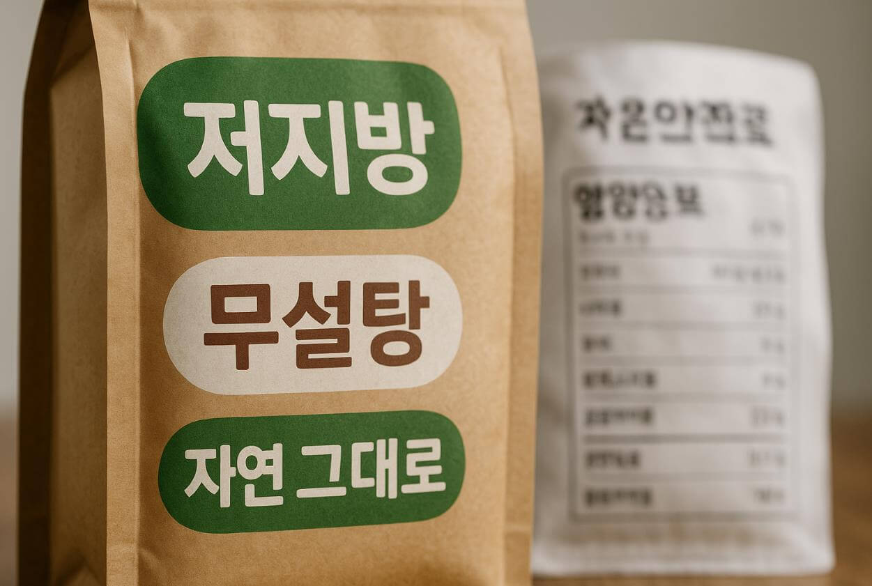 포장 앞면에 저지방, 무설탕, 자연 그대로 문구가 강조된 제품.