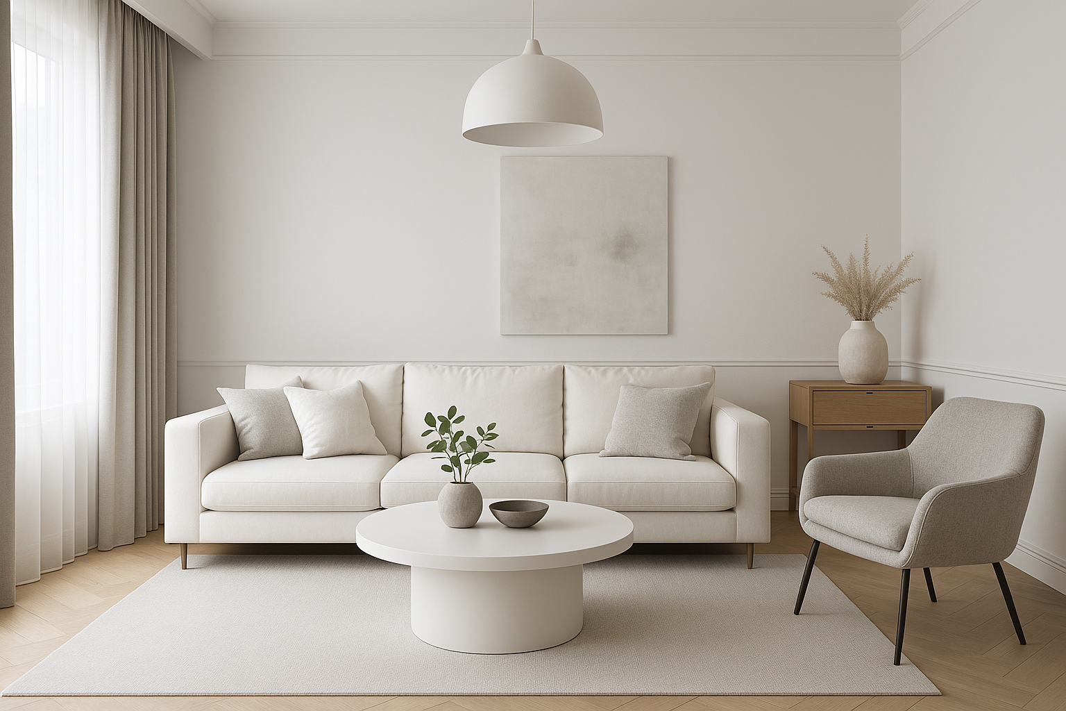 화이트&그레이 조합의 거실 인테리어 예시