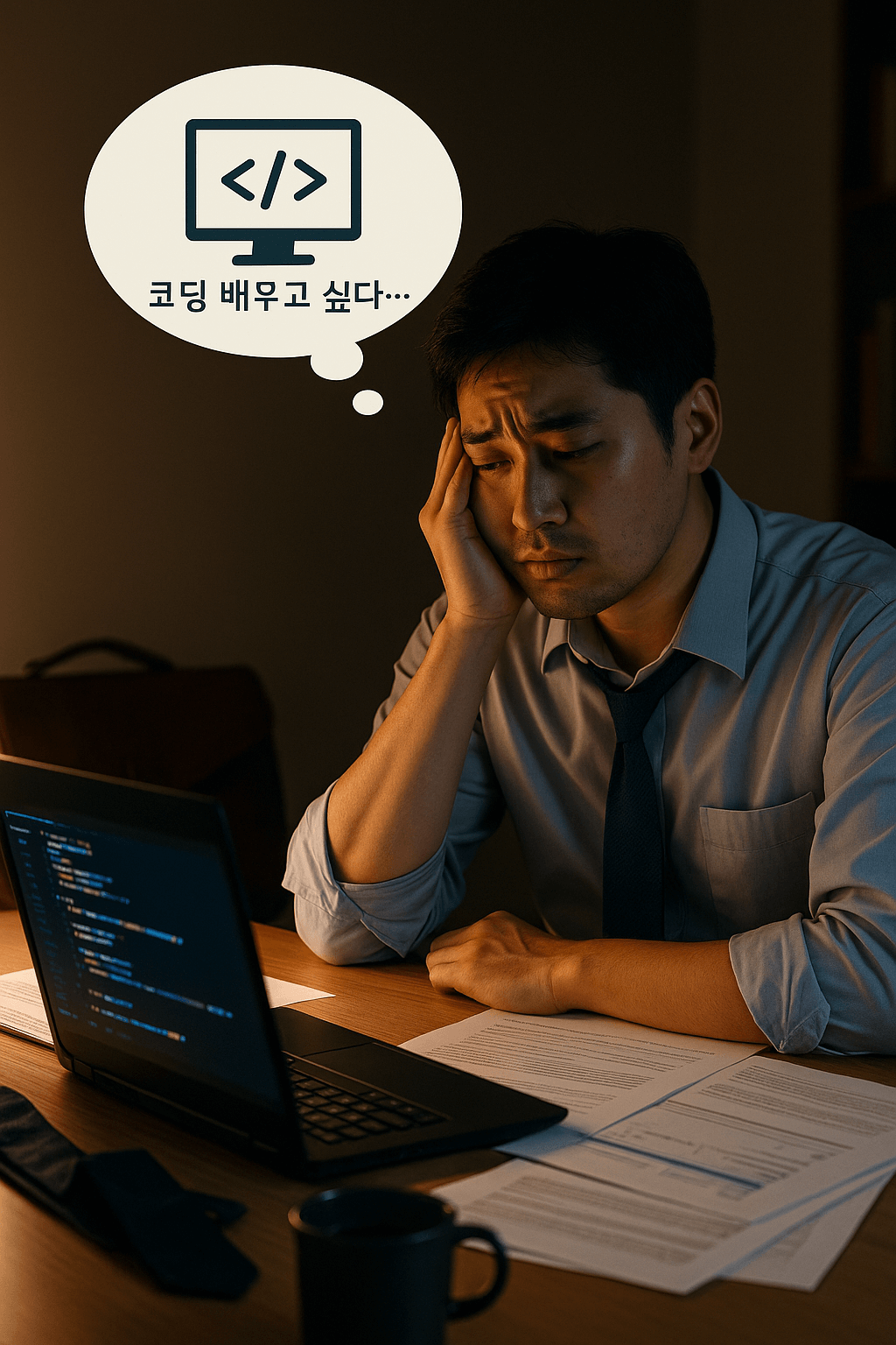 퇴근 후 피곤한 표정으로 코딩 학습을 떠올리는 한국인 직장인, 노트북 앞에서 말풍선에 '코딩 배우고 싶다'라는 문구가 표시된 장면