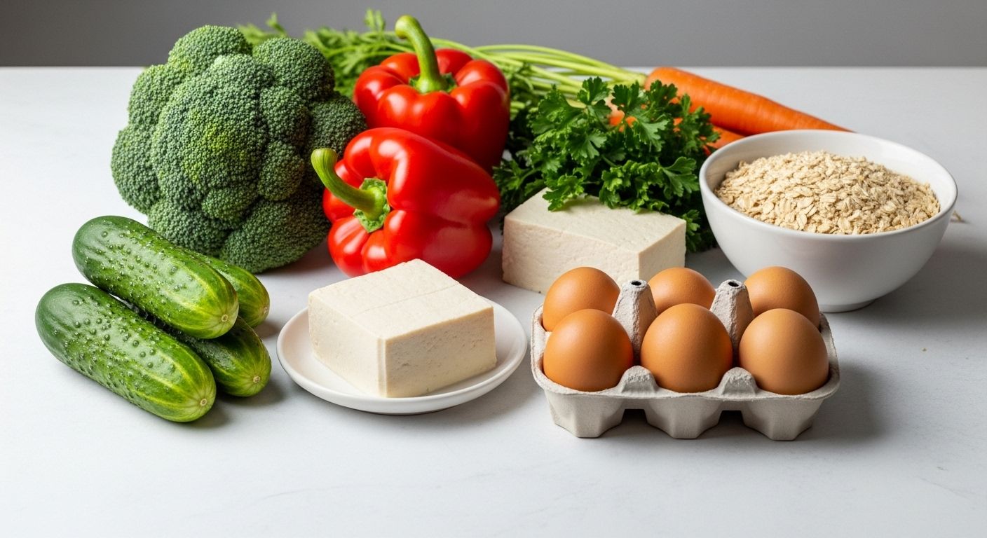 다이어트 식단 준비용 채소&amp;#44; 두부&amp;#44; 계란&amp;#44; 오트밀 재료 모음