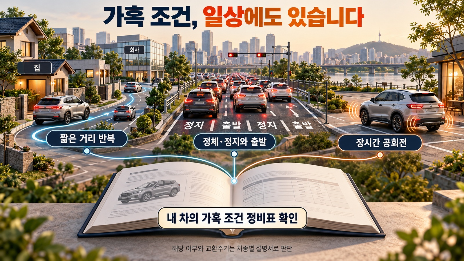 짧은 거리 반복 운행과 교통 체증 속 정지&middot;출발, 장시간 공회전 장면을 입체적인 도로와 차량으로 비교한 가혹 운행 조건 인포그래픽