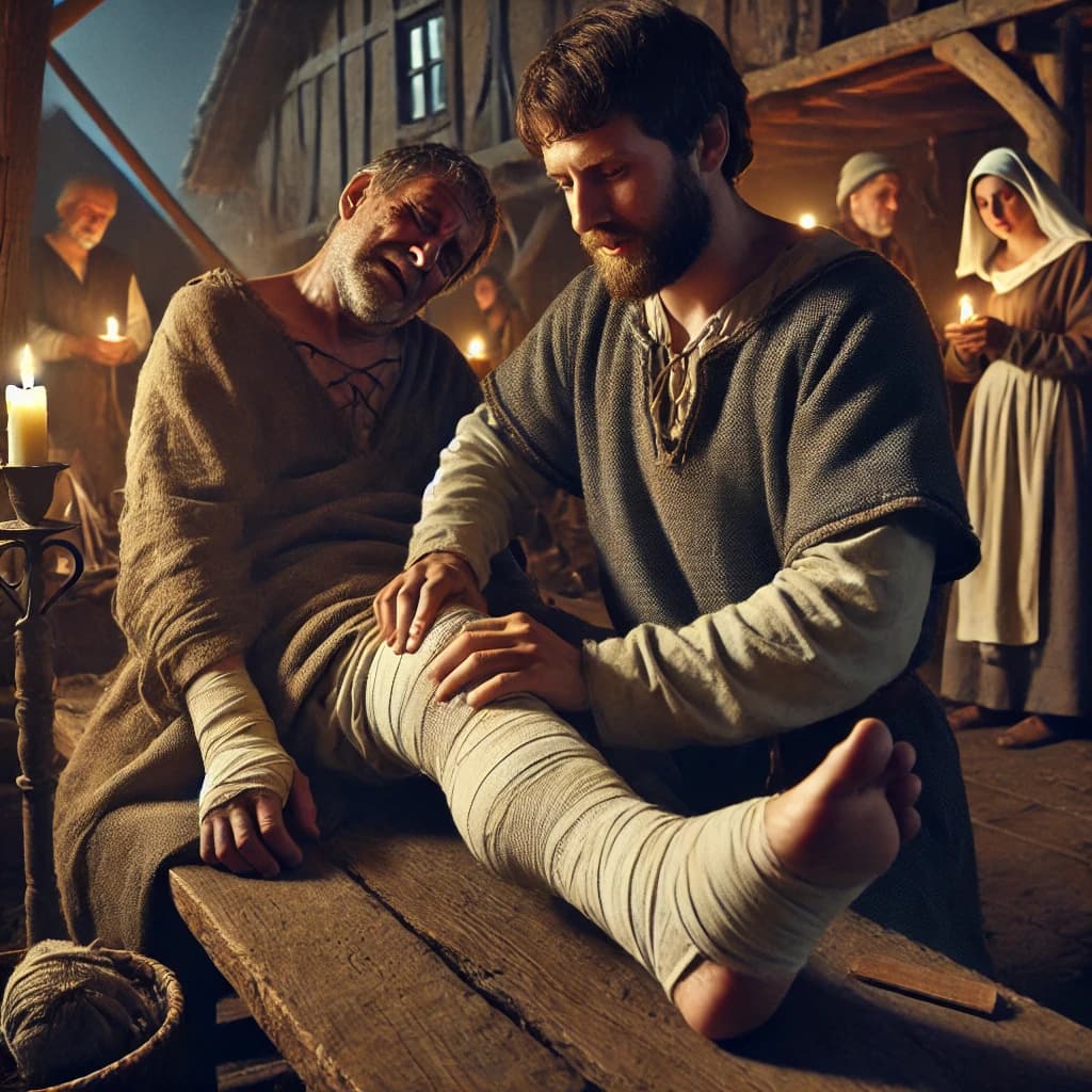 중세 유럽 뼈 접합사(Bone Setters)가 뼈를 접합하고 있는 모습