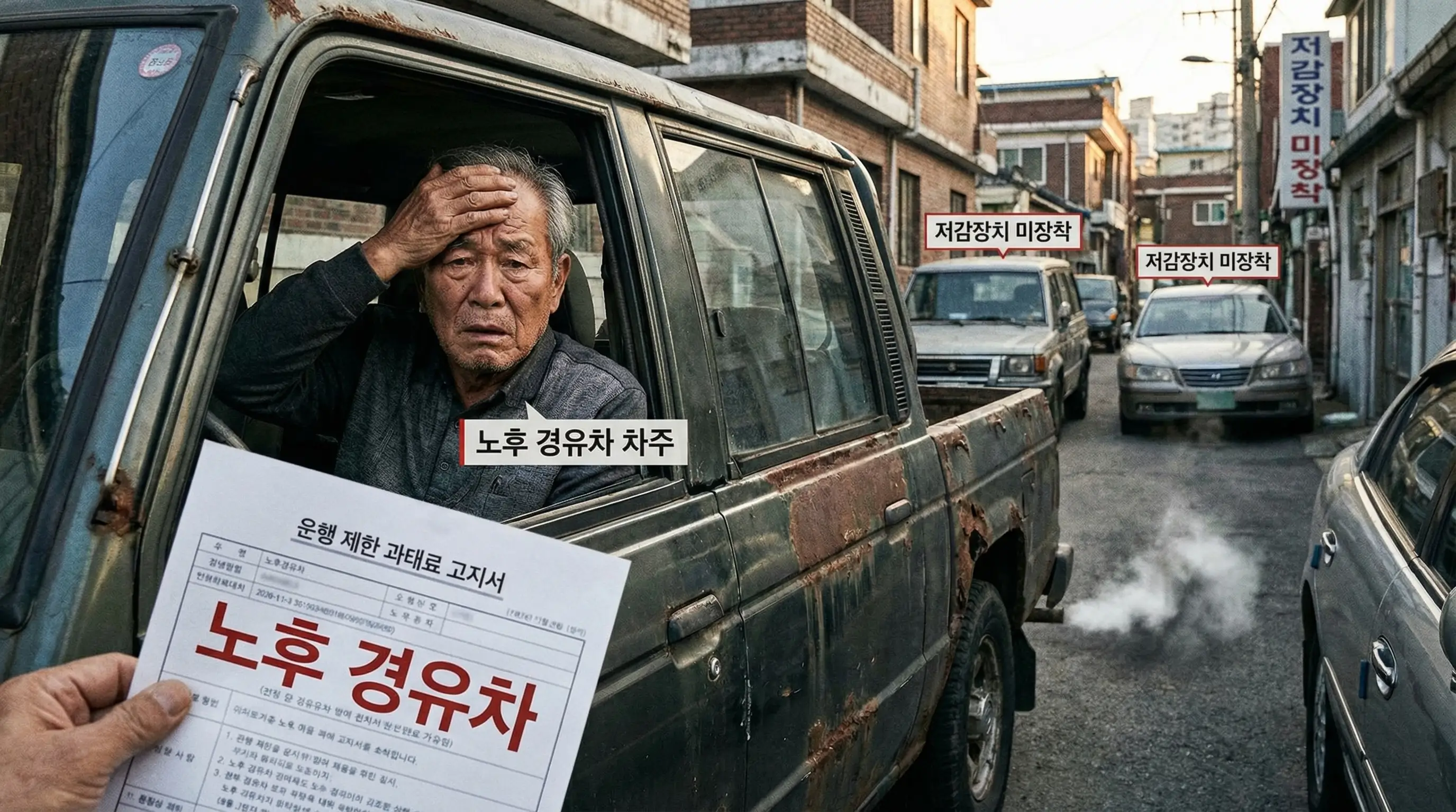 운행 제한 과태료 고지서를 들고 고민하는 노후 경유차 차주의 모습