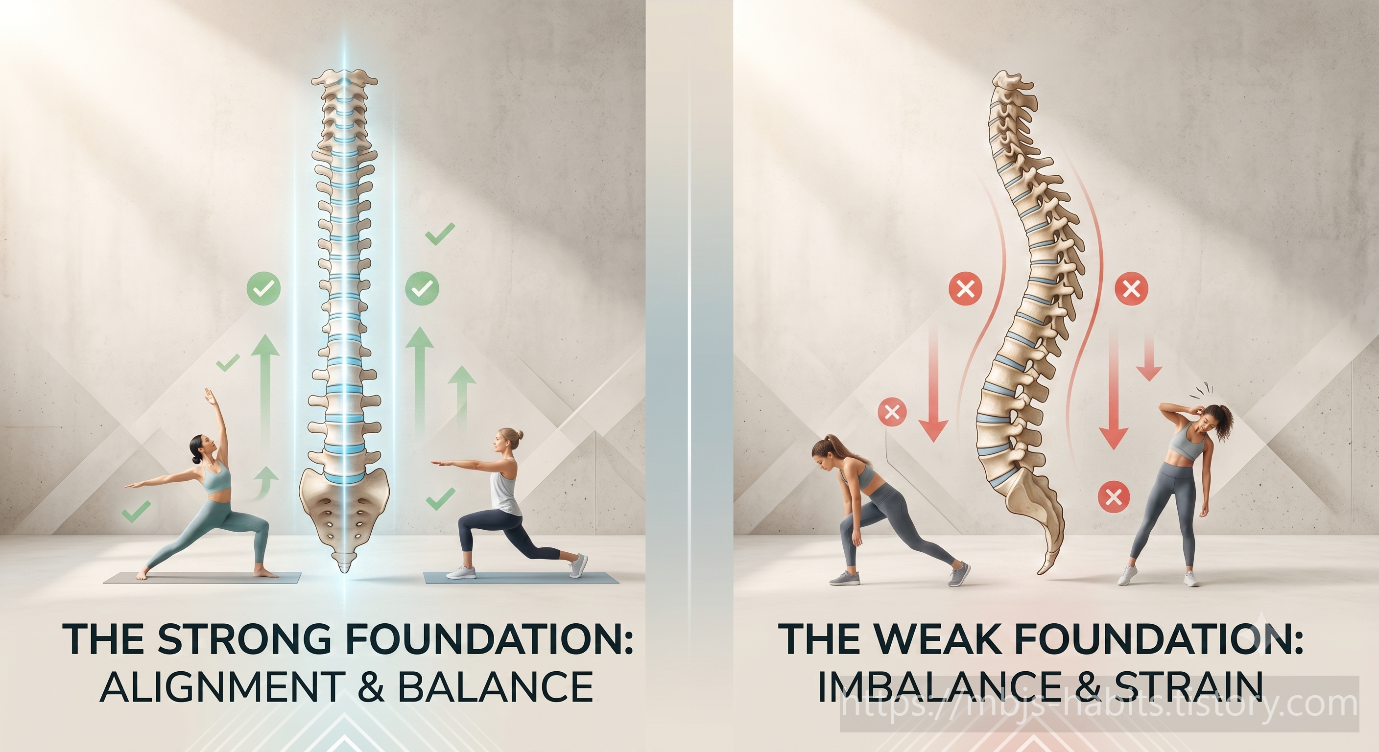 왼쪽은 곧게 정렬된 척추 이미지와 함께 요가 자세를 취하는 두 여성이 'THE STRONG FOUNDATION: ALIGNMENT &amp; BALANCE'라는 문구 아래 체크 표시와 함께 배치되어 있고, 오른쪽은 휘어진 척추 이미지와 함께 잘못된 자세를 취하는 두 여성이 'THE WEAK FOUNDATION: IMBALANCE &amp; STRAIN'이라는 문구 아래 X 표시와 함께 배치된 올바른 자세와 잘못된 자세 비교 이미지
