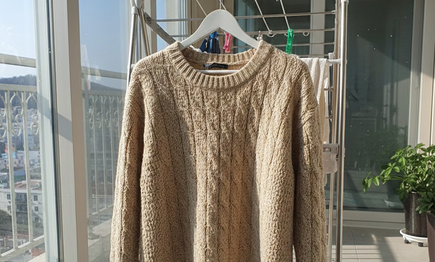 젖은 니트를 빨래걸이에 말리는 모습