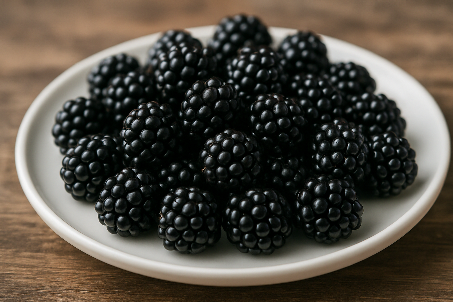 흰 접시에 담긴 신선한 블랙베리 열매
