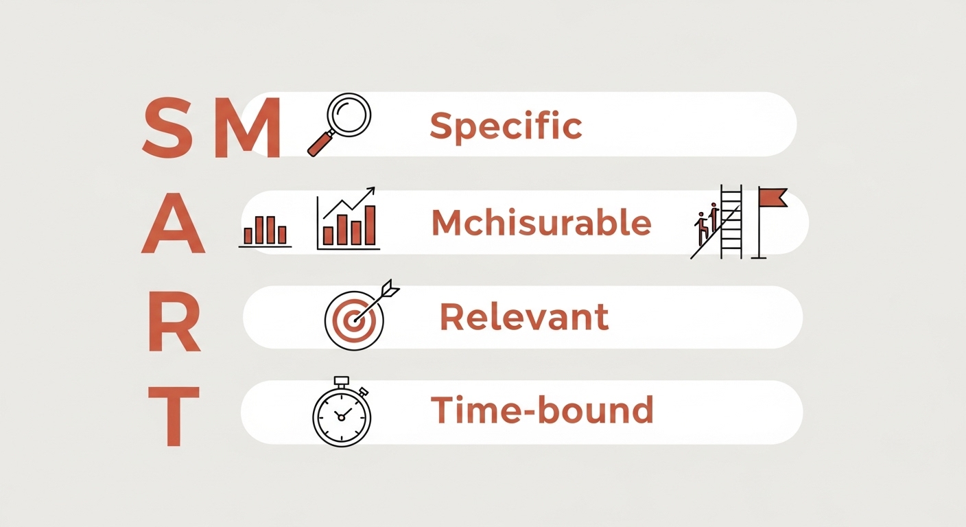 SMART 목표 설정 원칙을 시각적으로 나타낸 그래픽 이미지