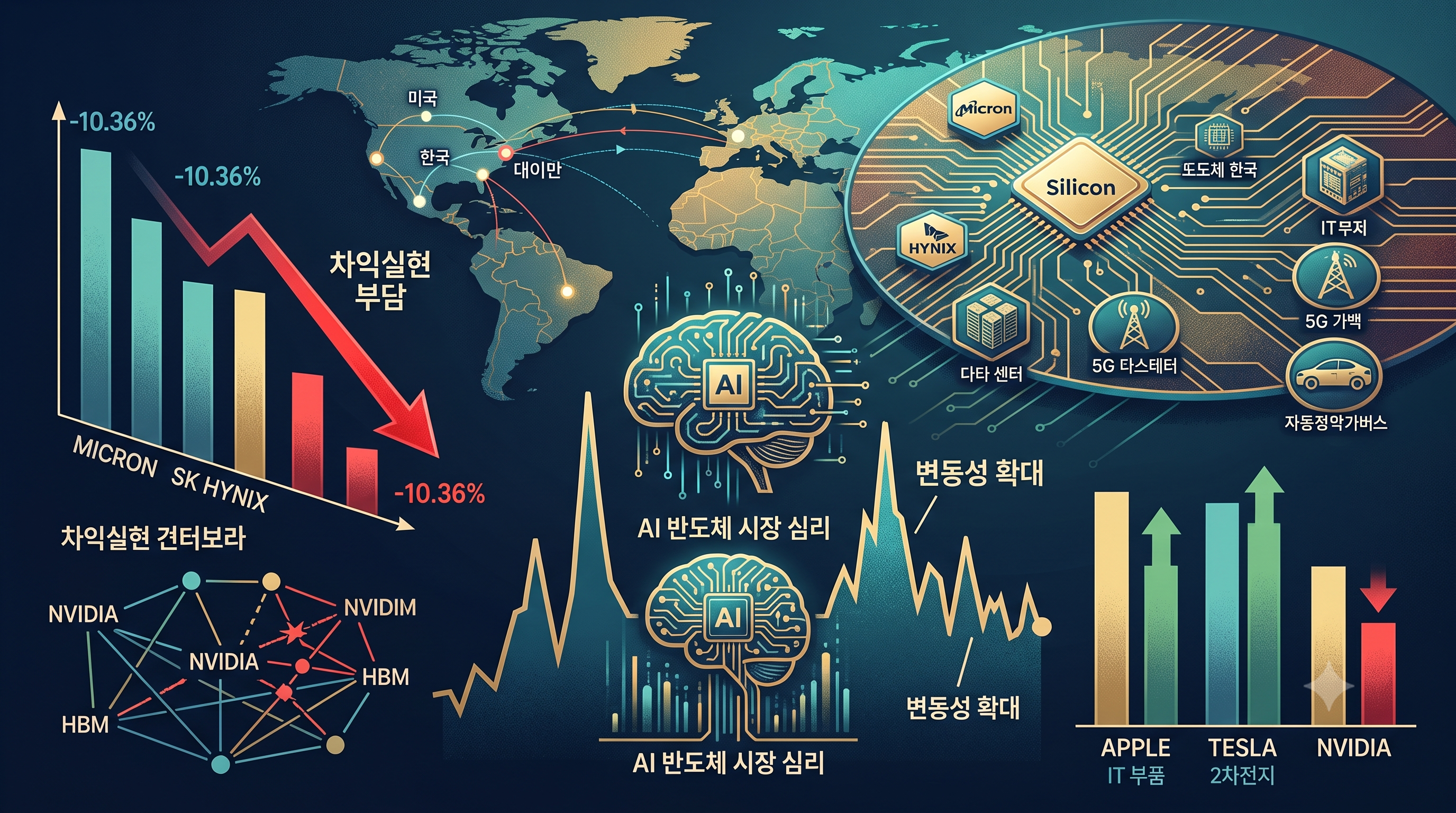 반도체 웨이퍼와 주가 하락을 나타내는 붉은색 하향 화살표 그래프 레이어 레이아웃