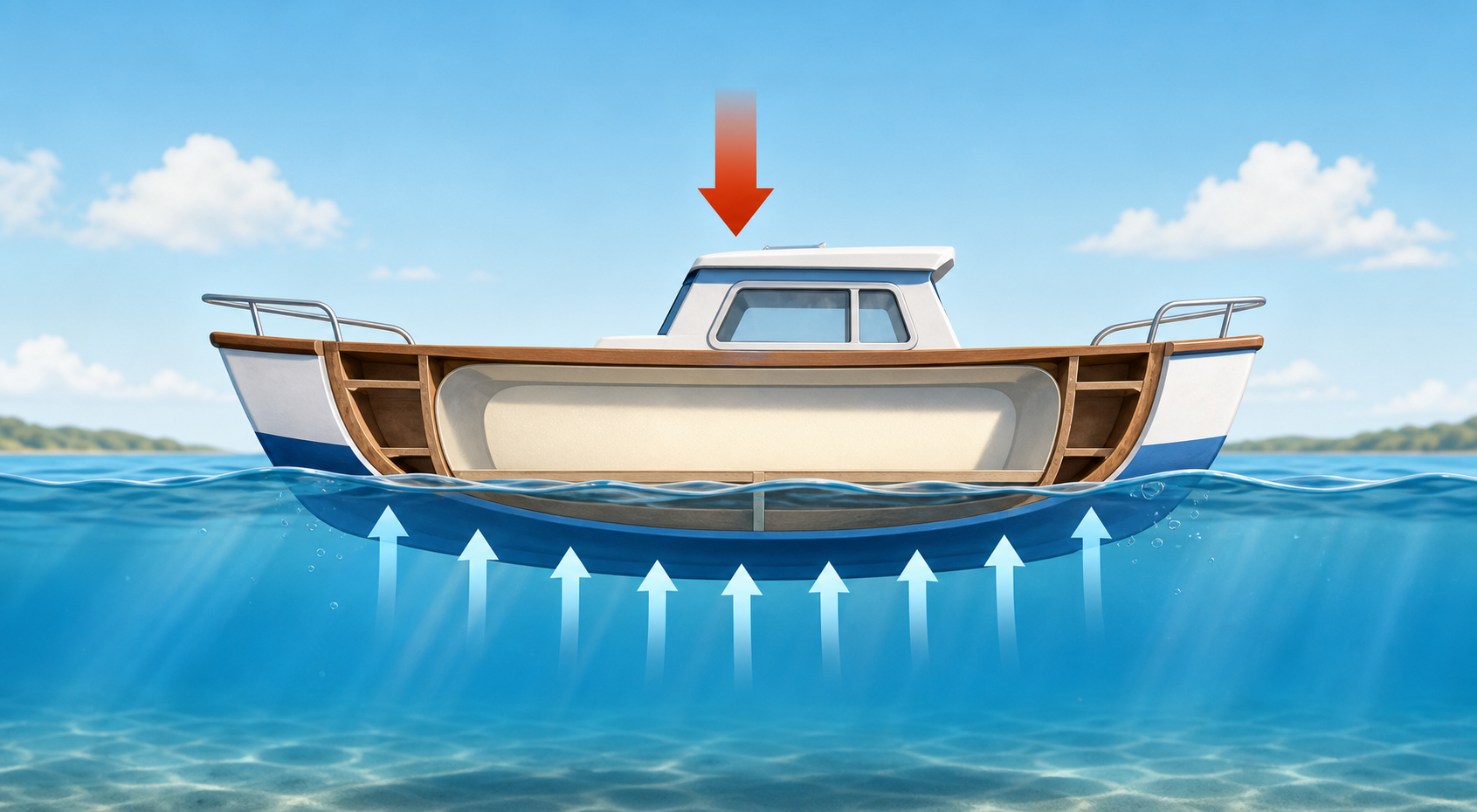 Educational illustration showing a boat floating on water with simple upward force arrows