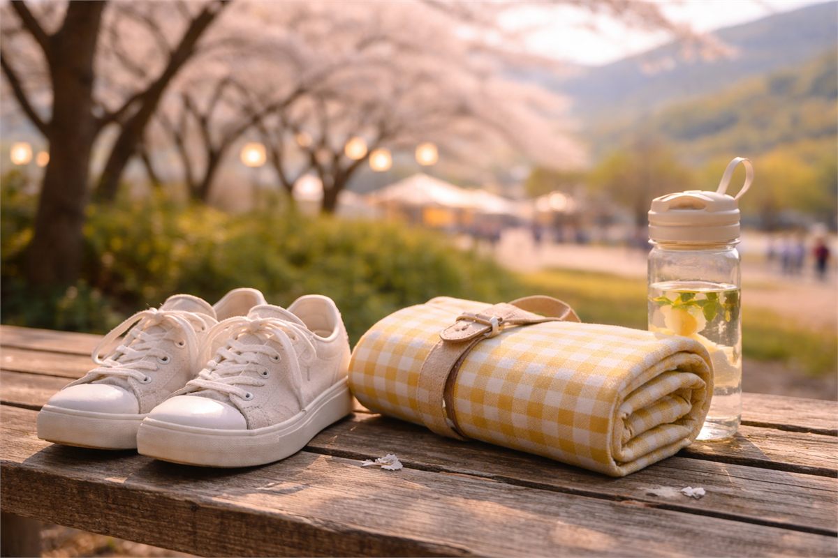 축제 방문 전 챙기기 좋은 준비물을 벤치에 올려둔 장면