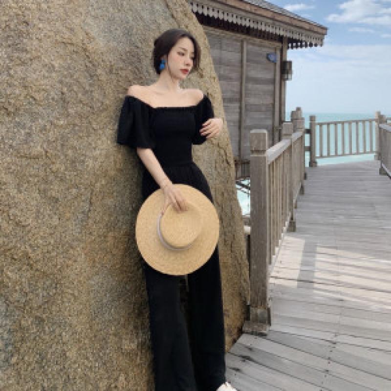 스모크 밴딩 스퀘어 오프숄더 점프수트 원피스