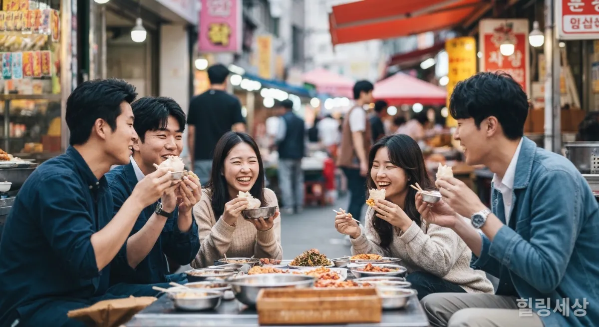 전통 시장에서 길거리 음식을 즐기는 MZ세대 친구들