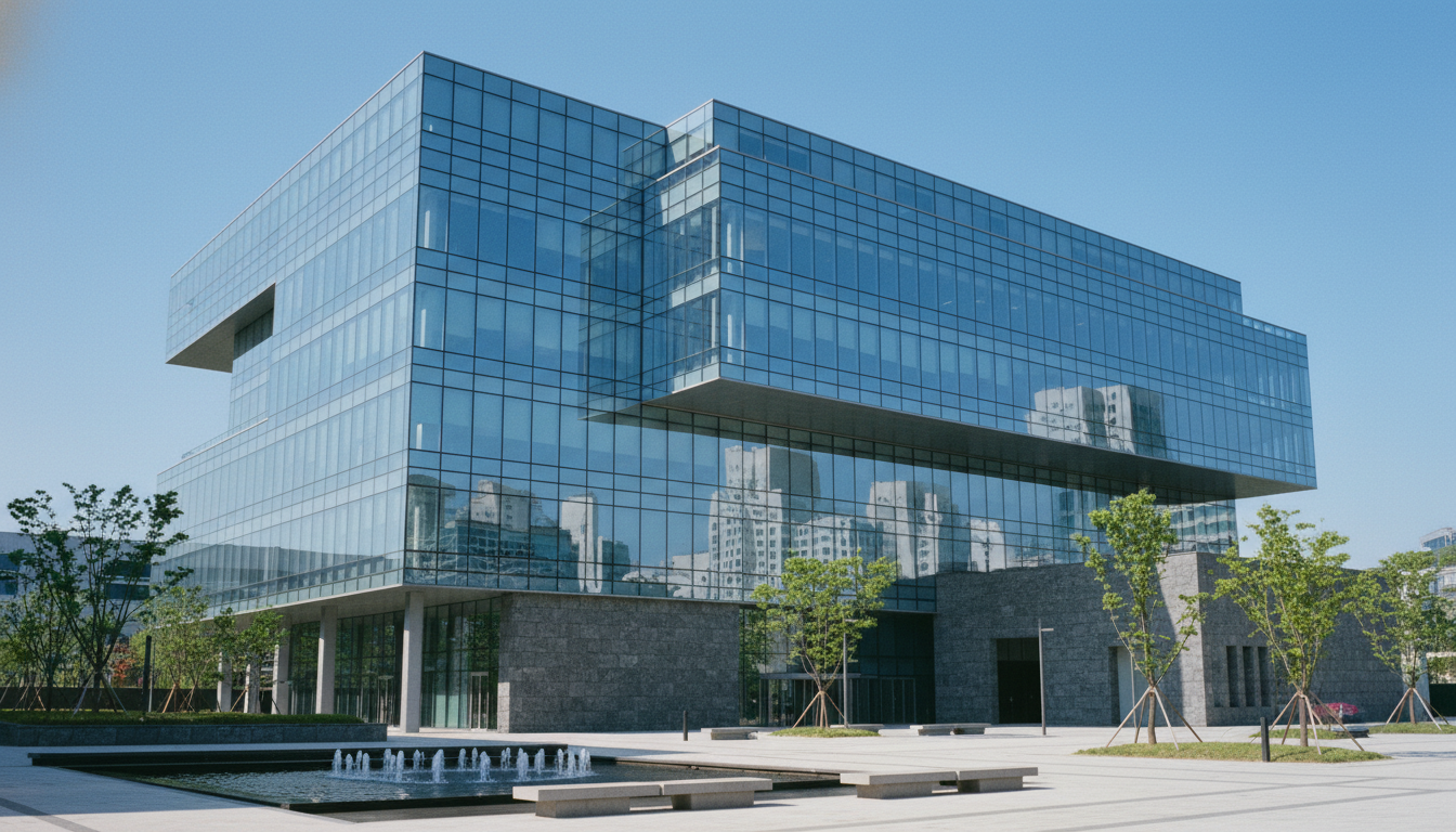 서울의 현대적인 핀테크 사무실 건물 외관의 전문적인 샷. 유리 건축물, 맑く 푸른 하늘, 신뢰와 안정감을 전달. 광각, 건축 사진.