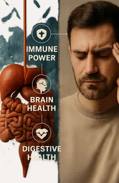 왼쪽에는 장기를 사실적으로 묘사한 3D 렌더링이 배치되어 있고, 오른쪽에는 명상하는 듯한 표정의 남성이 등장하며, 소화기 건강과 뇌 건강이 면역력과 어떻게 연결되는지를 시각적으로 상징함.