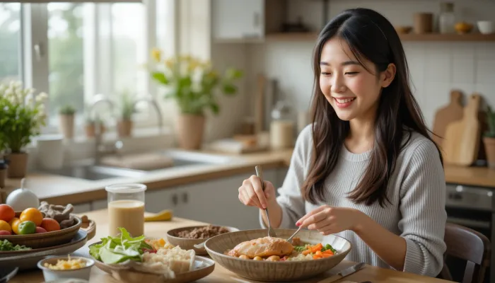통곡물과 채소, 닭가슴살로 건강한 탄단지 비율 식단 준비하는 한국인 여성
