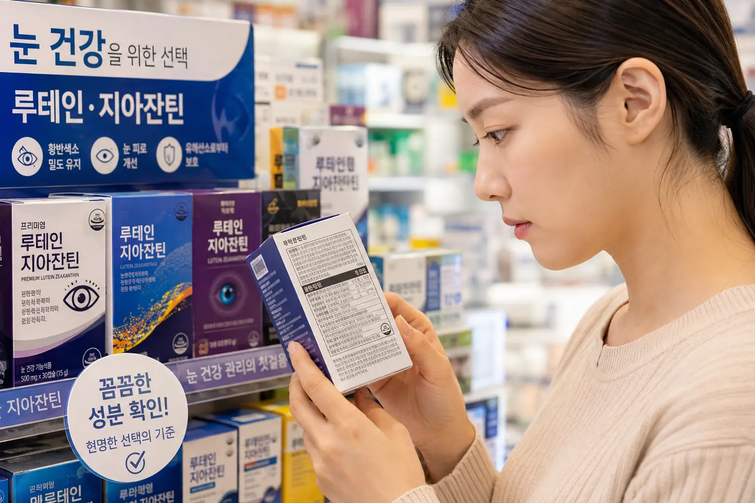 "영양제 성분표를 꼼꼼히 확인하는 모습, 루테인 지아잔틴 선택 기준