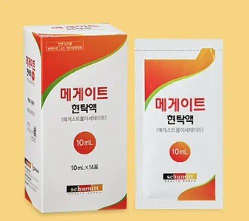 메게이트현탁액 한 팩과 14포 들어있는 작은 박스