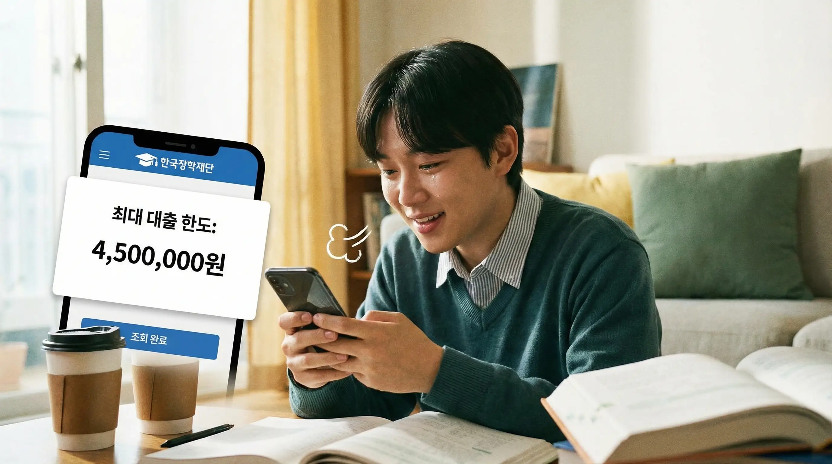 스마트폰으로 한국장학재단 앱을 통해 장학 대출 한도를 간편하게 조회하고 학비를 마련한 후 안도하는 모습