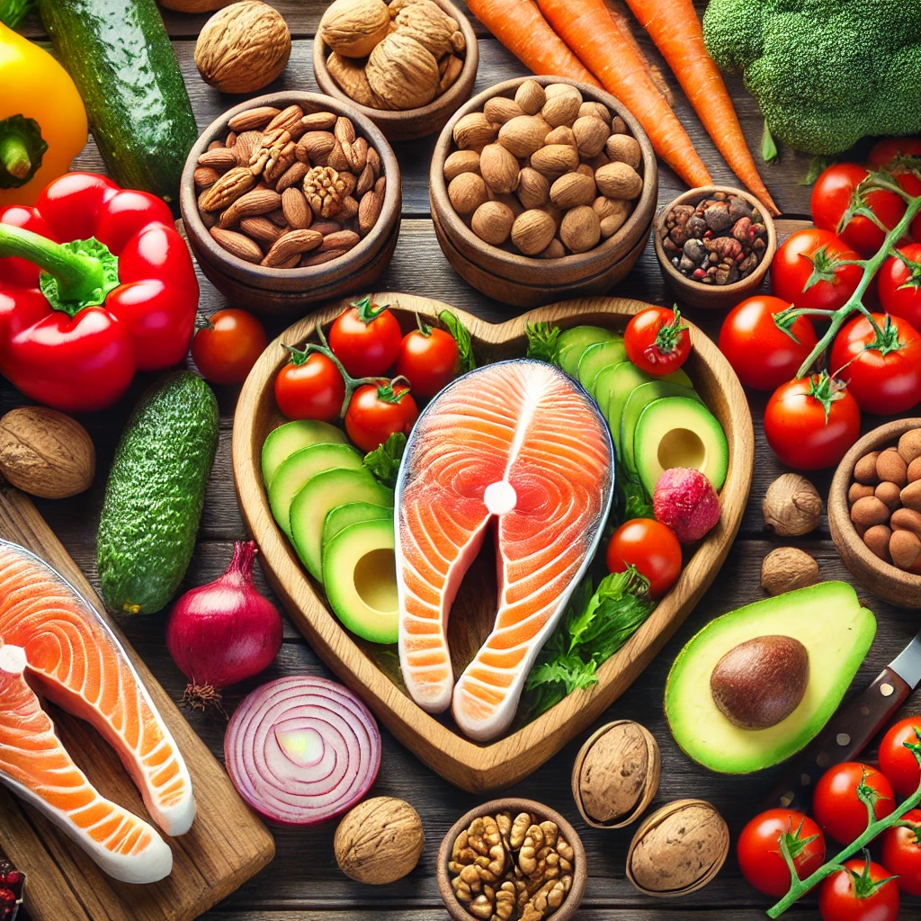"A variety of heart-healthy foods, including salmon, avocado, nuts, and colorful vegetables"