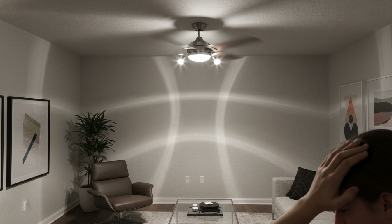 거실 다운라이트 조명과 겹쳐 벽면에 어지러운 그림자를 만드는 실링팬의 모습