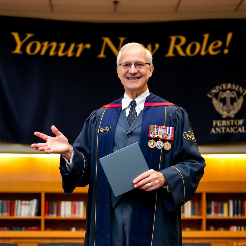 교수님의 새로운 직책과 활동 영역의 변화를 알리는 중요한 장면입니다. 명예해군 대령으로 진급하신 모습과 함께 보여줄 수 있습니다.