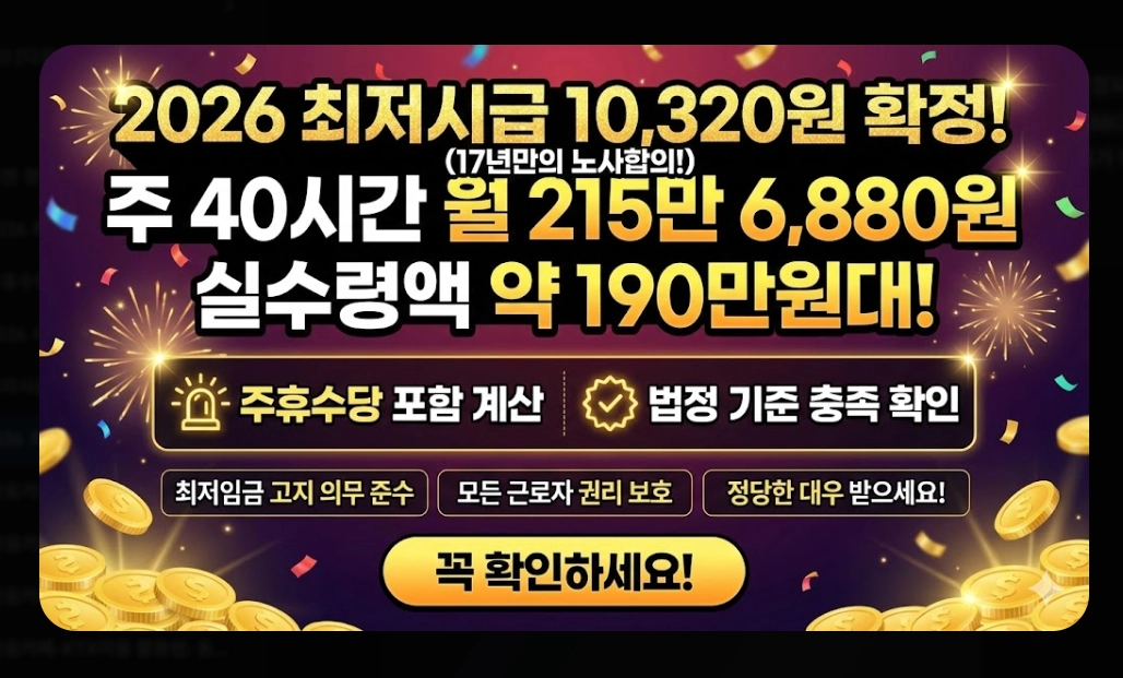 2026 최저시급 월급 완벽 정리 실수령액 계산