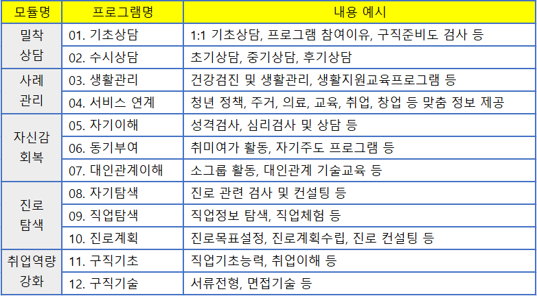 청년도전지원사업 프로그램 내용 소개. 밀착상담&#44; 사례관리&#44; 자신감 회복&#44; 진로 탐색&#44; 취업역량 강화 등의 분야에 대한 간략한 내용 설명입니다.
