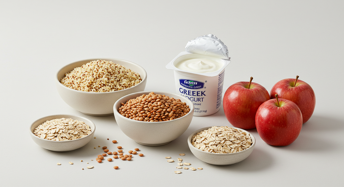 저 GI 식품 퀴노아 렌틸콩 그릭 요구르트 사과 귀리