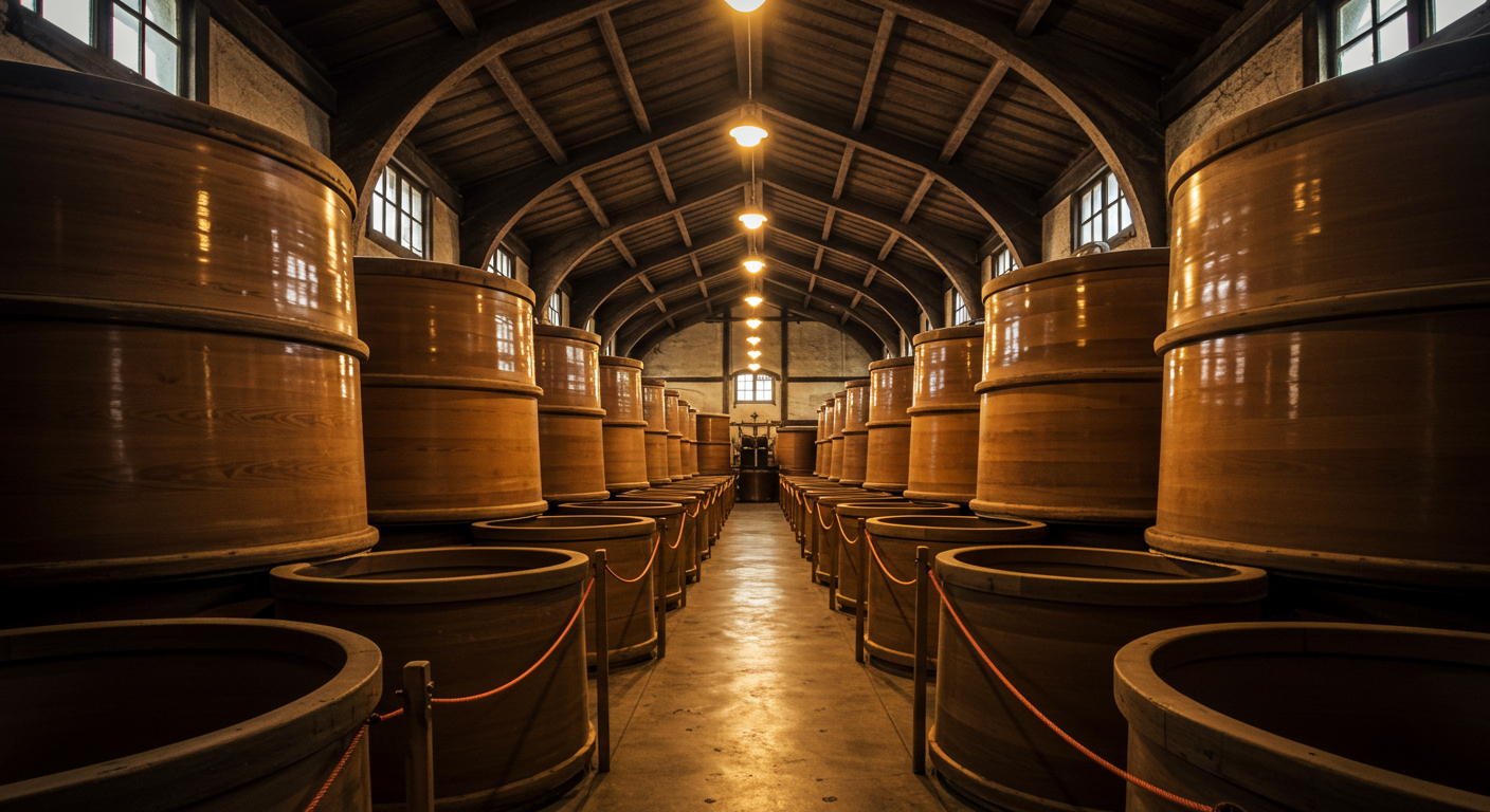 윤이 나는 거대한 삼나무 술통(키오케)이 줄지어 있는 양조장 내부