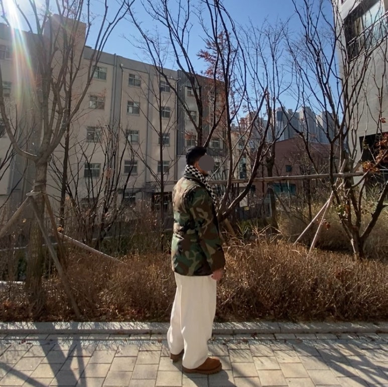 데일리룩('25. 12. 4.)카모 M65 빈티지 밀리터리 미군야상 재킷, 유니클로 와플헨리넥, 무신사스탠다드 벌룬팬츠, 야세 엔지니어부츠 웨스턴부츠, 더매드니스 체커보드 머플러