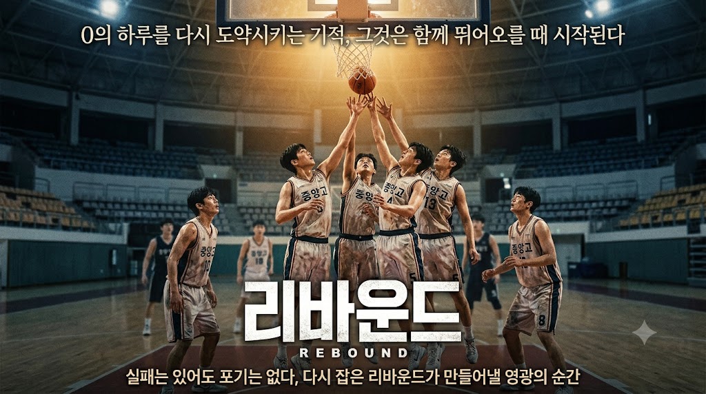영화 리바운드 리뷰 썸네일 포스터 이미지. 어두운 농구 경기장 안에서 부산중앙고등학교 농구부 선수들이 골대를 향해 다 함께 점프하며 리바운드를 잡으려는 순간을 황금빛 조명으로 연출한 시네마틱 스틸컷.