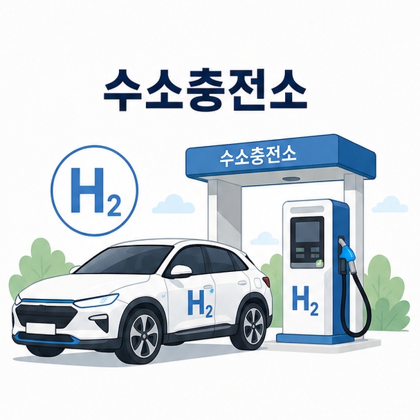 수소차와 H2 표시가 있는 충전기를 통해 수소충전소의 기본 모습을 보여주는 그림