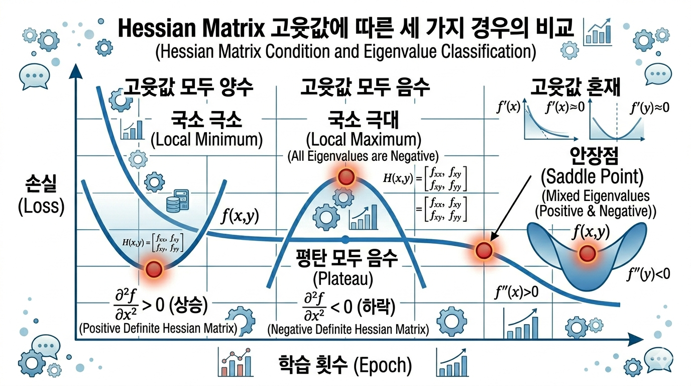 헤세 행렬 고윳값이 모두 양수일 때 극소 모두 음수일 때 극대 혼재할 때 안장점인 것을 비교한 인포그래픽