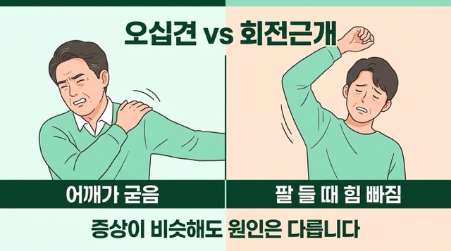 오십견 회전근개파열 어깨통증 차이 팔 들기 운동 제한 비교