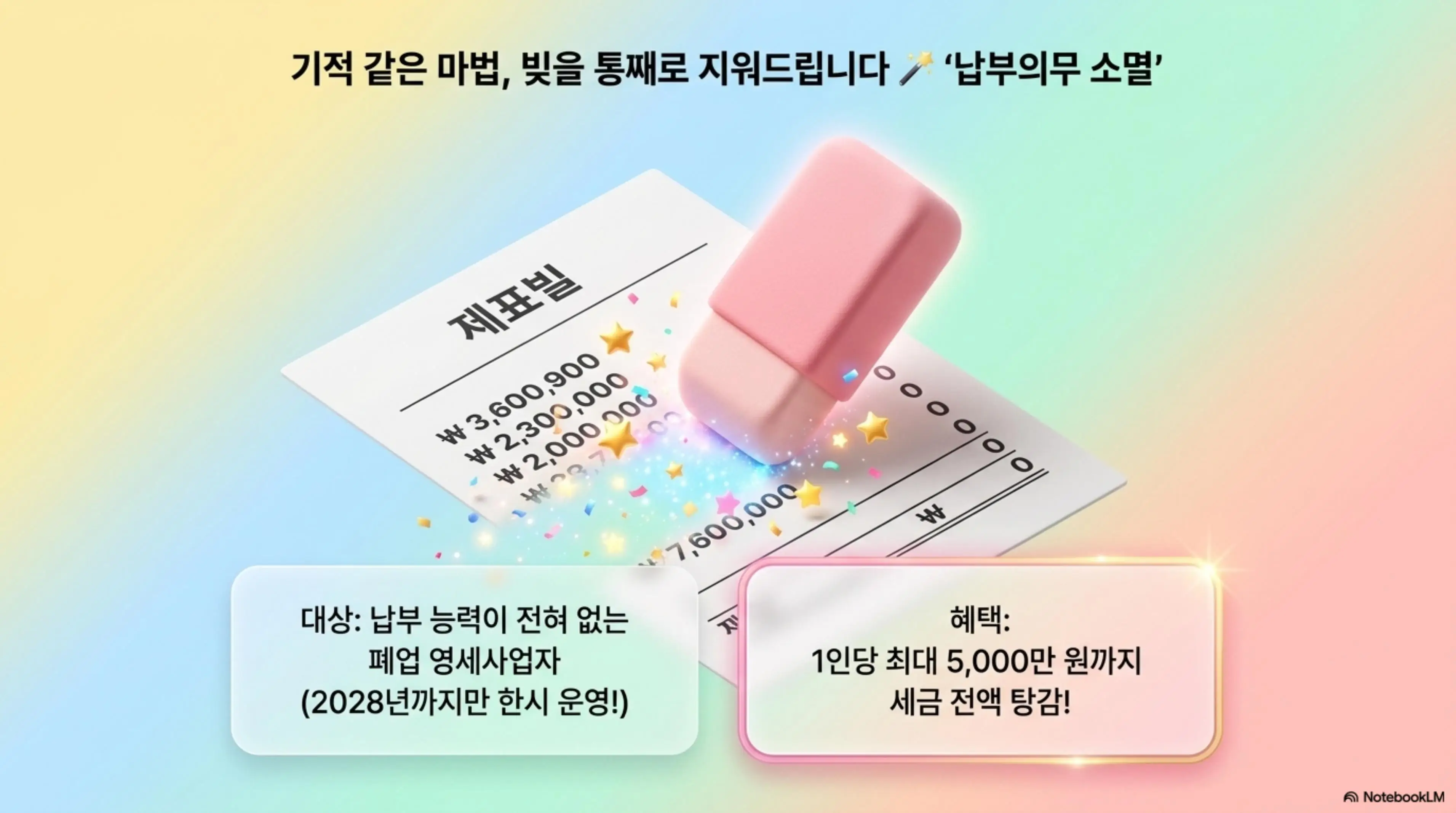 세금체납: 기적 같은 마법 빚을 통째로 지워드립니다 납부의무 소멸이라는 제목의 인포그래픽. 납부 능력이 전혀 없는 폐업 영세사업자 대상으로 2028년까지 한시 운영되며 1인당 최대 5000만 원까지 세금 전액 탕감되는 납부의무 소멸 제도를 시각적으로 전달하며 블로그의 세금 체납 해결 방법과 관련된 내용을 설명함 